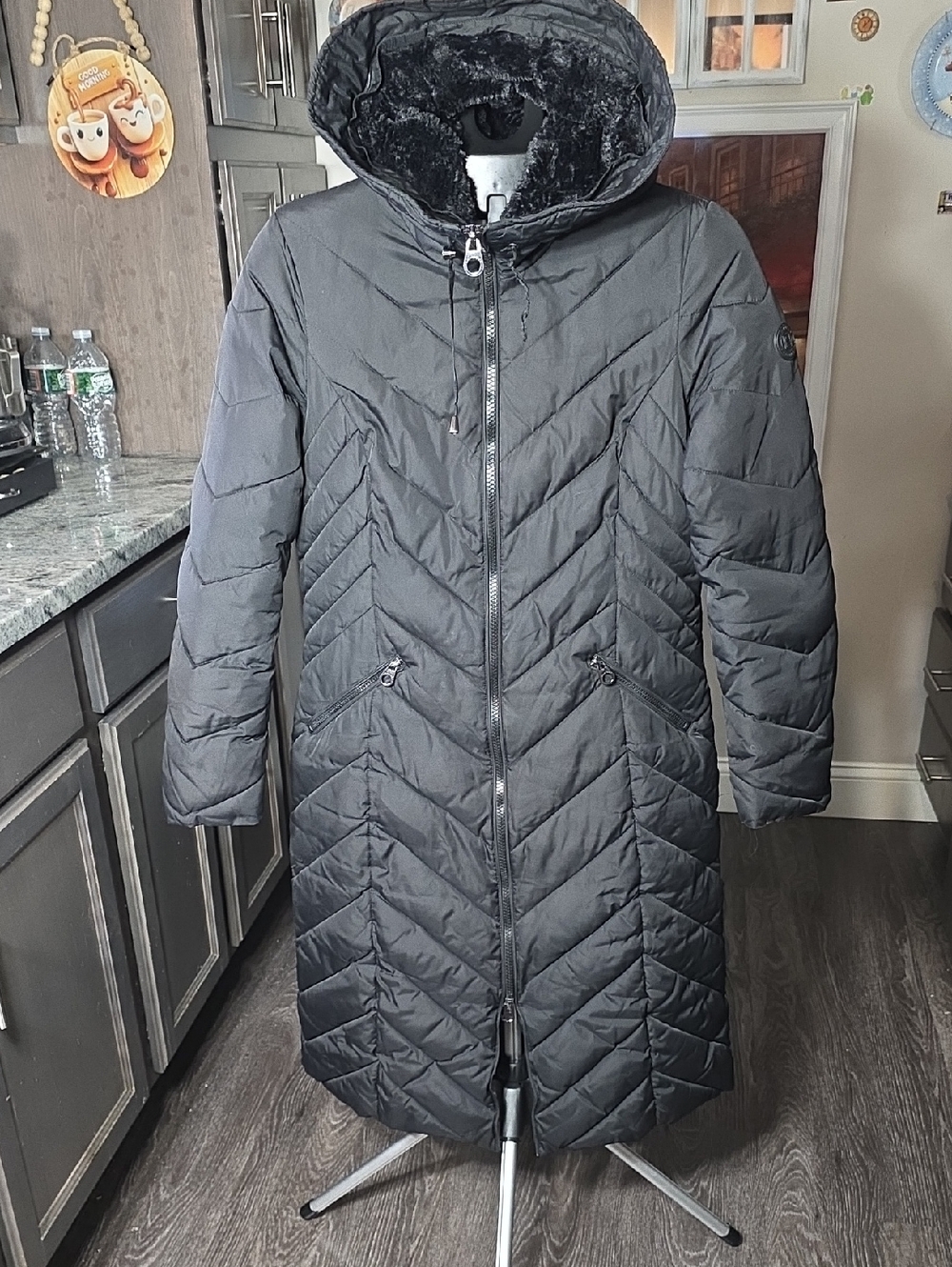 Laundry By Shelli Segal Black Quilted Hooded Long Puffer Coat